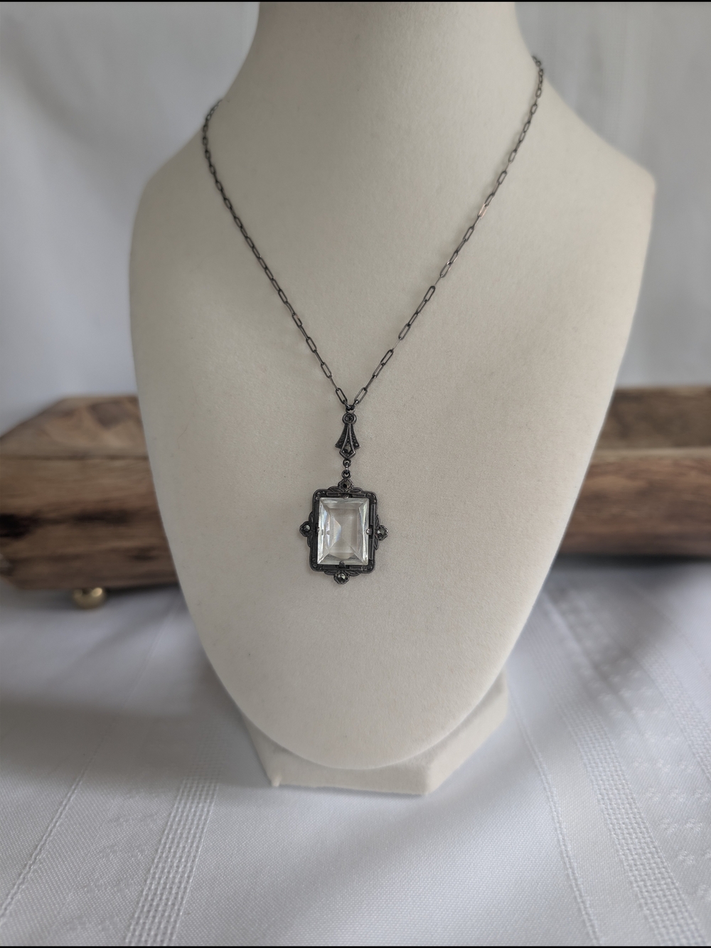 Vintage Art Deco Paste Crystal Pendant Necklace Paperclip Chain